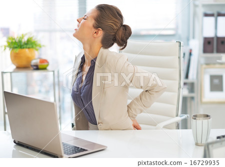 Stock Photo: Portrait of business woman with back pain in office