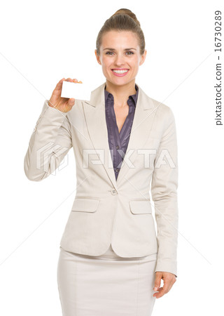 Happy business woman showing business card Happy business woman showing business card 16730289
