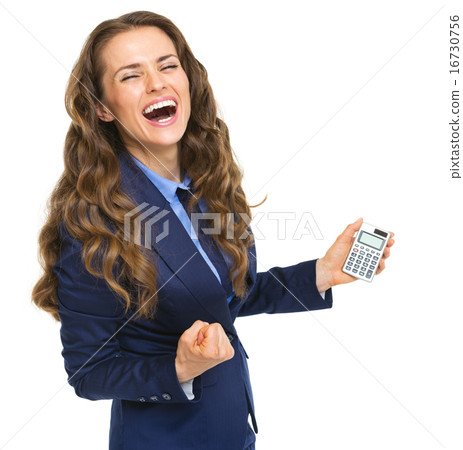 Happy business woman with calculator rejoicing Happy business woman with calculator rejoicing 16730756