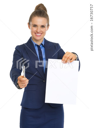 Smiling business woman giving document and pen Smiling business woman giving document and pen 16730757