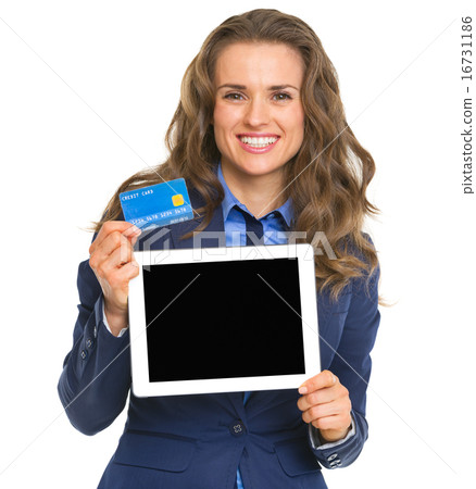 Smiling business woman holding tablet pc blank screen and credit Smiling business woman holding tablet pc blank screen and credit 16731186