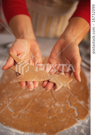 Closeup on young housewife showing carved from dough christmas c 16732099