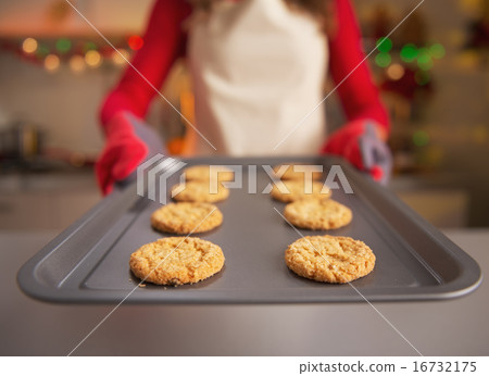 Closeup on pan with christmas cookies in hand of housewife Closeup on pan with christmas cookies in hand of housewife 16732175
