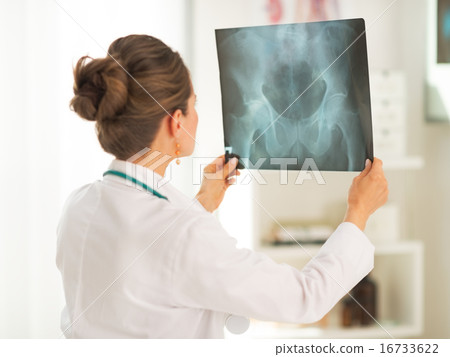 Doctor woman looking on fluorography. rear view 16733622