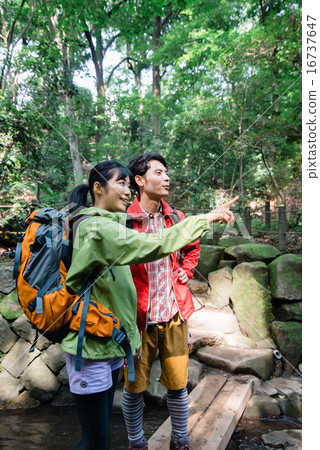 A couple pointing fingers during trekking A couple pointing fingers during trekking 16737647