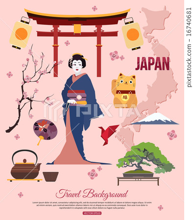 Japan travel background with place for text. Set of colorful flat icons, Japan symbols for your 16740681
