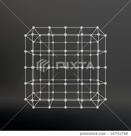 Cube of lines and dots. Cube of the lines connected to points. Molecular lattice. The structural 16741788