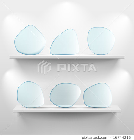 Shelves with glass app icons on white background Shelves with glass app icons on white background 16744216