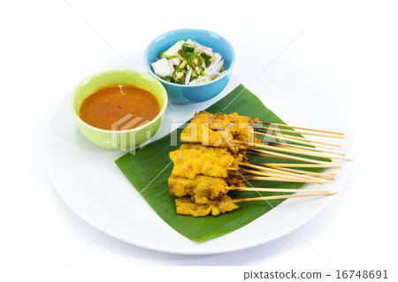 Pork Satay with Peanut Sauce on white background Pork Satay with Peanut Sauce on white background 16748691