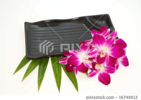 Empty black plate with orchid Empty black plate with orchid 16749912