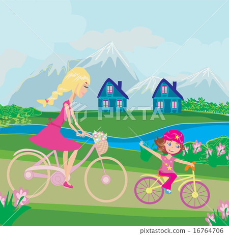 Mother and daughter biking Mother and daughter biking 16764706