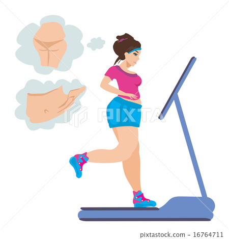 obese girl runs on a treadmill 16764711