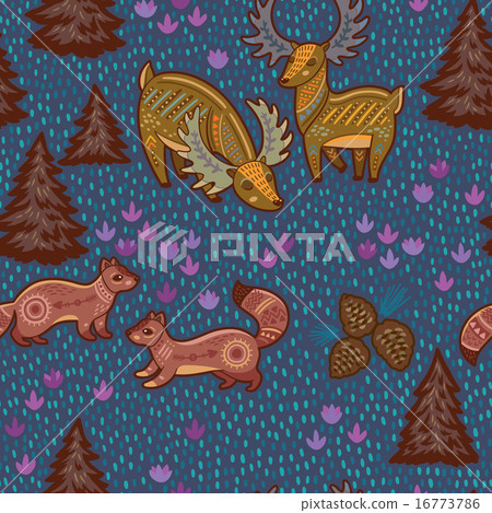 Decorative seamless pattern with wild animals from National park. Deer and sables. Vector Decorative seamless pattern with wild animals from National park. Deer and sables. Vector 16773786