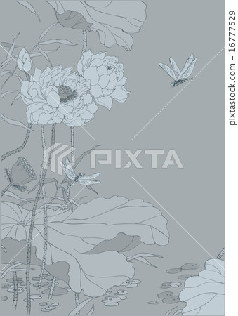 Grey chinese lotus landscape drawing 16777529