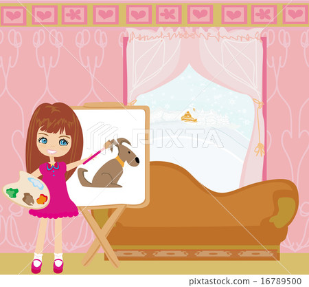 Little artist girl painting dog on paper canvas Little artist girl painting dog on paper canvas 16789500