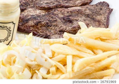 cooked steak with fries 16791969