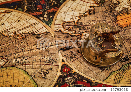 Old vintage compass on ancient map Old vintage compass on ancient map 16793018