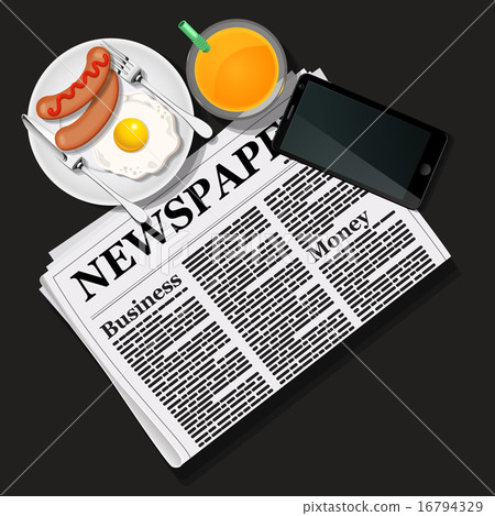 newspaper and mobile phone with orange juice and 16794329