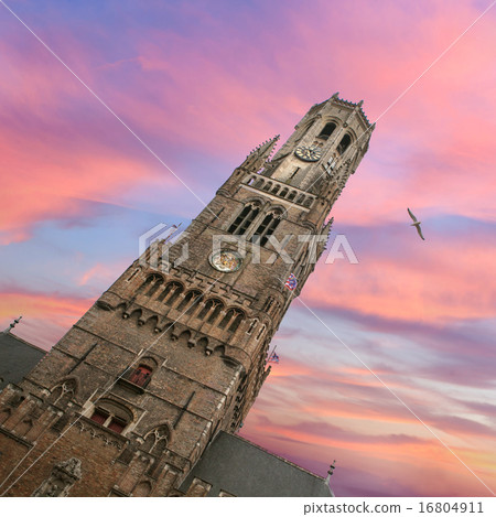 Belfry bell tower on sunset in Bruges 16804911