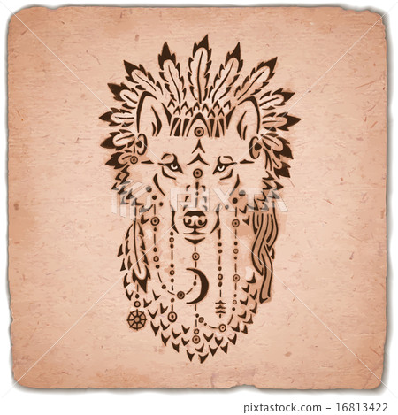 Wolf in war bonnet, hand drawn animal illustration Wolf in war bonnet, hand drawn animal illustration 16813422