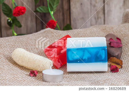Homemade soap and luffa 16820689