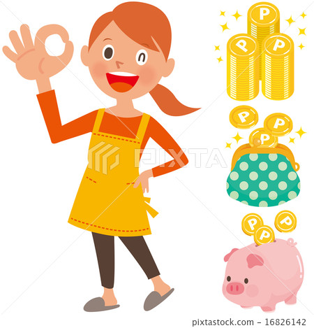 A woman wearing an apron issuing an OK sign and a point coin, a wallet, a piggy bank set A woman wearing an apron issuing an OK sign and a point coin, a wallet, a piggy bank set 16826142