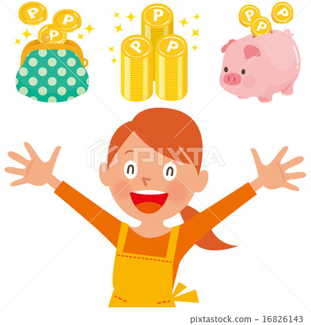 一個女人和一個點硬幣，一個錢包，一個可以伸展手，戴著微笑圍裙的存錢罐套裝 16826143