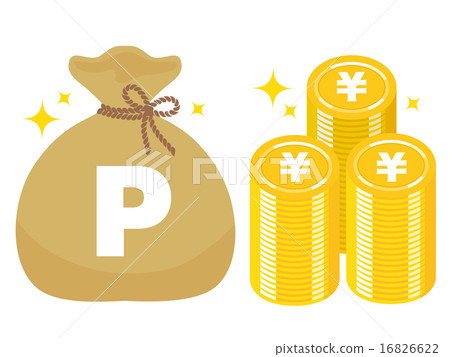 點硬幣山和P標記金錢袋子，褐色 16826622