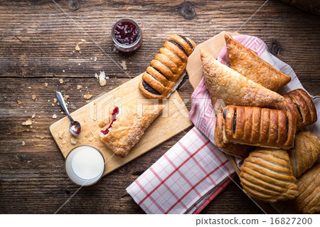 assorted breakfast pastries with jam and milk 16827200