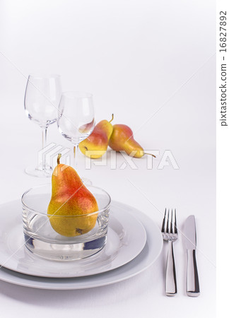 Vertical celebration table set with pears on white Vertical celebration table set with pears on white 16827892
