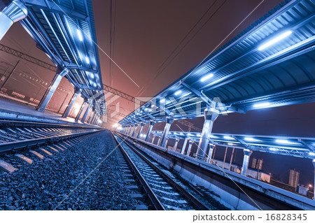 Railway station at night. Train platform. Railroad 16828345