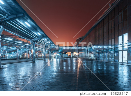 Railway station at night. Train platform. Railroad 16828347