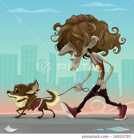 Guy with dog walking on the street Guy with dog walking on the street 16828795
