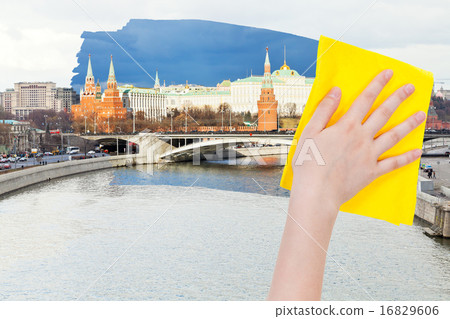 hand deletes morning Moscow view by yellow cloth hand deletes morning Moscow view by yellow cloth 16829606