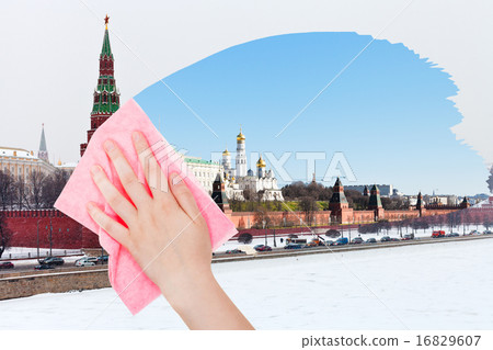 hand deletes winter view of Moscow by pink cloth hand deletes winter view of Moscow by pink cloth 16829607