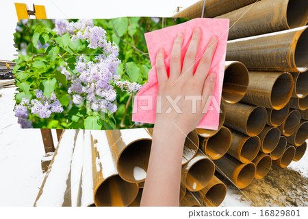 hand deletes industrial landscape by pink cloth 16829801