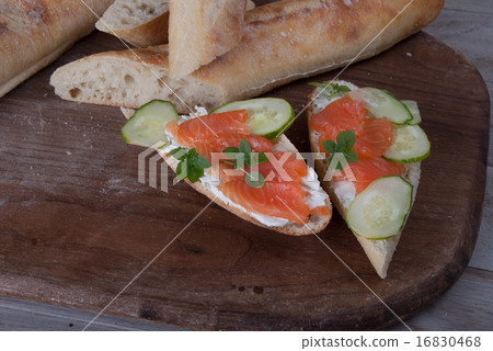 Slised Freshly Baked Baguette with Smoked Salmon  Slised Freshly Baked Baguette with Smoked Salmon  16830468