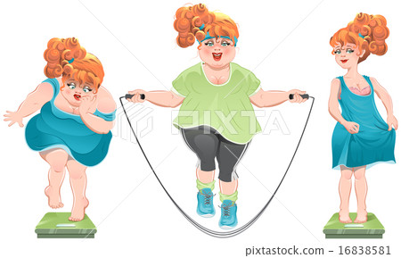 Fat woman stares at the scales. She lost weight. Thin red-haired girl standing on the scales Fat woman stares at the scales. She lost weight. Thin red-haired girl standing on the scales 16838581