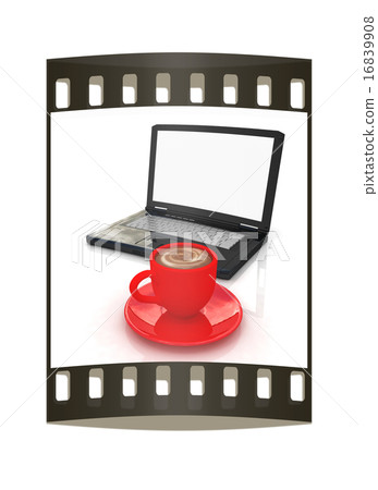 3d cup and a laptop. The film strip 16839908