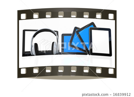 headphones on laptop and tablet pc. film strip headphones on laptop and tablet pc. film strip 16839912