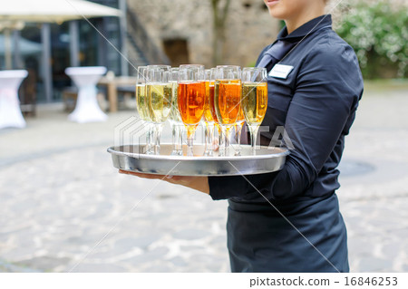Waitress with dish of champagne and wine glasses 16846253
