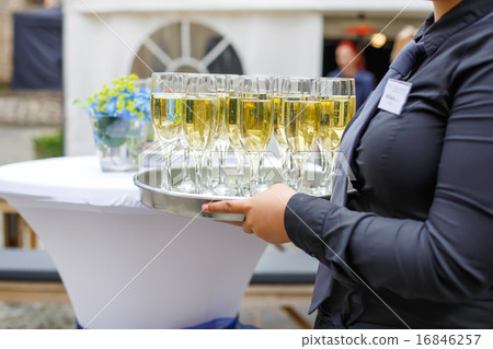 Waitress with dish of champagne and wine glasses 16846257