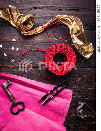 Decoration elements for craft on old wooden table. Decoration elements for craft on old wooden table. 16848635
