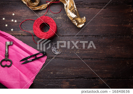 Decoration elements for craft on old wooden table. Decoration elements for craft on old wooden table. 16848636