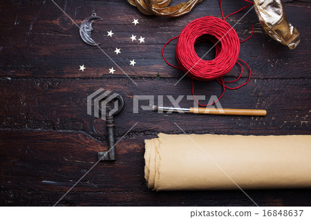 Decoration elements for craft on old wooden table. Decoration elements for craft on old wooden table. 16848637
