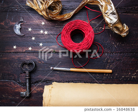 Decoration elements for craft on old wooden table. Decoration elements for craft on old wooden table. 16848638