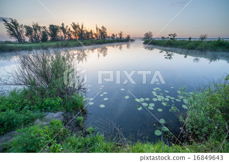 summer sunrise over the river with a fog 16849643