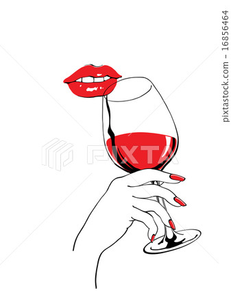 Calm red lips and glass of wine holding hand Calm red lips and glass of wine holding hand 16856464
