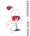 Playful red lips and glass of wine holding hand 16856465