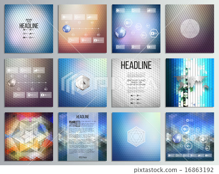 Set of 12 creative cards, square brochure template design, geometric science backgrounds set 16863192